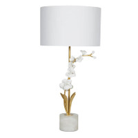 Thylane Orchid Buffet Lamp: white linen shade, alabaster base, gold leaf metal leaves, and white porcelain orchid blossoms.