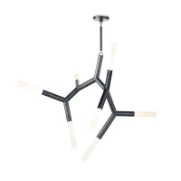 Modern Traveler Chandelier in oil rubbed bronze with branching arms and frosted acrylic bulb covers.
