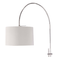 Modern arc floor lamp with a metallic, adjustable base and a white linen drum shade.