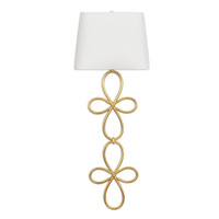 Minuet Gold Leaf Sconce: Elegant gold leaf wall sconce with two intertwined floral loops and a white linen shade.
