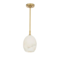 Artemis 17" tall pendant light with a single alabaster-like glass globe and brushed brass hardware.