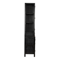 Side view of a tall, black, hand-rubbed mahogany Colonial hutch with simple lines and cubbies.