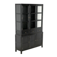 Colonial Hand Rubbed Black mahogany hutch with glass doors, cubbies, and drawers.
