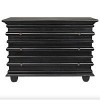 Ascona 3-drawer chest, hand-rubbed black mahogany with ribbed design, bun feet, and brass pulls.