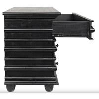 Hand-rubbed black mahogany Ascona 3-drawer chest with ribbed top, bun feet, and one open drawer.