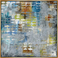Abstract giclee canvas painting with blue, green, orange, and gray tones, featuring textured circles and a gold frame.