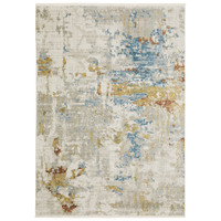 Bauer beige and multi-colored contemporary rug made from recycled PET yarn with abstract blue, gold, and rust accents.