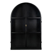 Black steel arched hutch with glass doors and brass handles, 80"H industrial modern design.