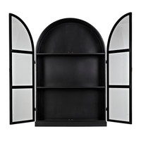 Black steel arched hutch with two open glass-paneled doors and two interior shelves.
