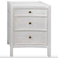 White distressed mahogany nightstand with three drawers and brass knobs.