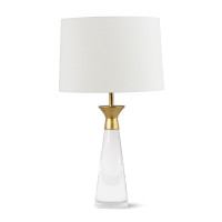 Starling Crystal Table Lamp with conical clear crystal base, gold-leafed metal, and natural linen shade.