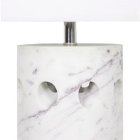 Odin White Marble Table Lamp with purple veining, modern design, angled apertures, and white linen shade.