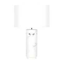 Odin modern white marble table lamp with purple veining, angled apertures, and a white linen shade.