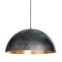 Large black dome pendant light with a gold-leafed interior, hanging from a black cord.
