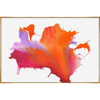 Abstract giclee canvas painting with vibrant orange, pink, and purple paint splatters, framed in gold.