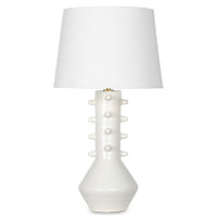Norway White Ceramic Table Lamp with hourglass base, modern spikes, natural linen shade, and brass accents.