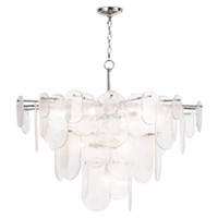 Modern Echo Chandelier with tiered water glass panes and polished chrome hardware, providing a soft glow.