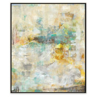 Abstract giclee painting with hand-applied gel finish, featuring muted yellows, blues, and grays in a black frame.