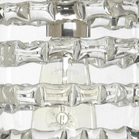 Clear glass round ribbon pendant light with nickel hardware and visible bulb.
