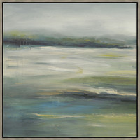 Abstract giclee painting with earthy greens, blues, and grays, framed in a natural wood finish.