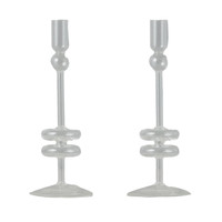 Pair of medium clear glass candlesticks with elegant, timeless design for taper candles.