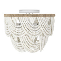 Lorelei white wood bead flush mount light with cascading distressed beads and a jute-wrapped frame.