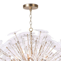 Poppy large glass and brass chandelier with undulating clear glass discs and natural brass rods.