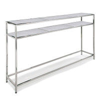 Echelon console table with polished nickel iron frame and two white marble slab shelves.