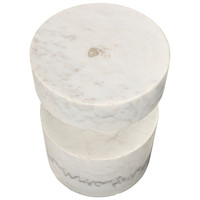 Hand-carved Mamud white marble side table with a round top and cylindrical base.