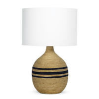 Maren Table Lamp with natural rope-wrapped base, three navy stripes, and a white linen shade.