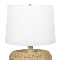 Avery Rattan Lamp with a woven natural base, sleek neck, and crisp white linen shade.