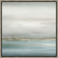 Abstract coastal giclee painting with muted blues, greens, and grays, framed in light wood.