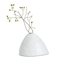 White, glossy Atlas ceramic vase with an organic, hand-molded design, holding a branch with green buds.