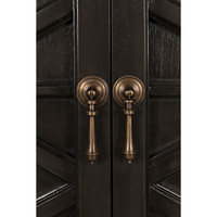 Close-up of a dark burnished mahogany hutch with detailed hand-carving and antique brass drop pull handles.