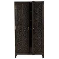 Dark burnished mahogany hutch with intricate hand-carved geometric doors, brass hardware, and open shelves.