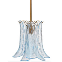 Cala light blue blown glass pendant with textured, calla lily-inspired shades and antique brass rod.