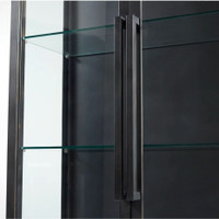 Black iron curio cabinet with glass shelves and a long, dark handle.