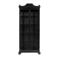 Black iron curio cabinet with glass doors, decorative molding, and five shelves.