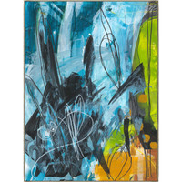 Abstract giclee canvas painting with blue, black, lime green, and orange brushstrokes, framed.