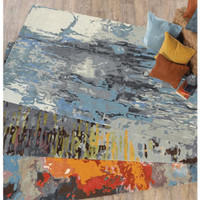 Galaxy Blue & Grey Contemporary Rug with abstract patterns, wool and viscose, shown with accent pillows.