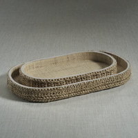 Reggio Loom Oval Raffia Tray with Leather Trim - Tray Top View | Bone & Brass