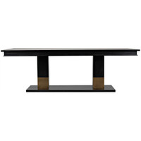 Ravenko black mahogany dining table with rectangular lines and brass leg bands.