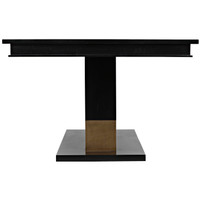 Ravenko black mahogany dining table with rectangular lines and brass bands on the base.
