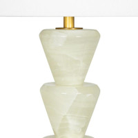 Patricia Jade Table Lamp with a natural jade stone base featuring stacked, downward-facing cone shapes and a white linen shade.