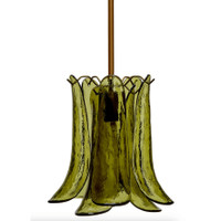 Calla Peridot Green Glass Pendant light with antique brass hardware and artisan-crafted, lily-inspired shade.