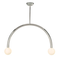 Happy Pendant Large with polished nickel frame and two matte white glass globes.