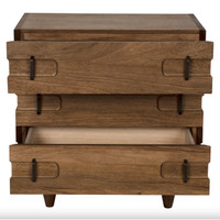 David Walnut Side Table, rustic dark walnut wood chest with three drawers and metal pulls, one drawer open.