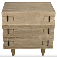 Washed walnut side table chest with three drawers and unique dark metal pulls, on tapered legs.