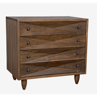 Dark ebony walnut chest with four drawers, diamond carvings, and round knobs.