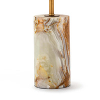Cylinder lamp base of solid jade stone with natural brass hardware, featuring white, brown, and orange veining.